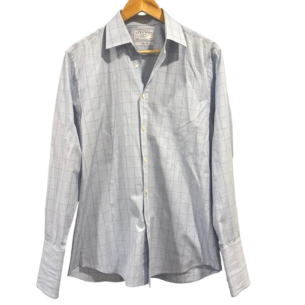 Charles Tyrwhitt Dress Shirt Blue Check French Cuff Slim Fit Old Money Luxury 16
